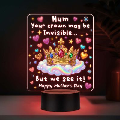 Mom Invisible Crown Quote Acrylic LED Lamp with UV Print – 7 Color Changing Night Light USB Powered Mothers Day Gift